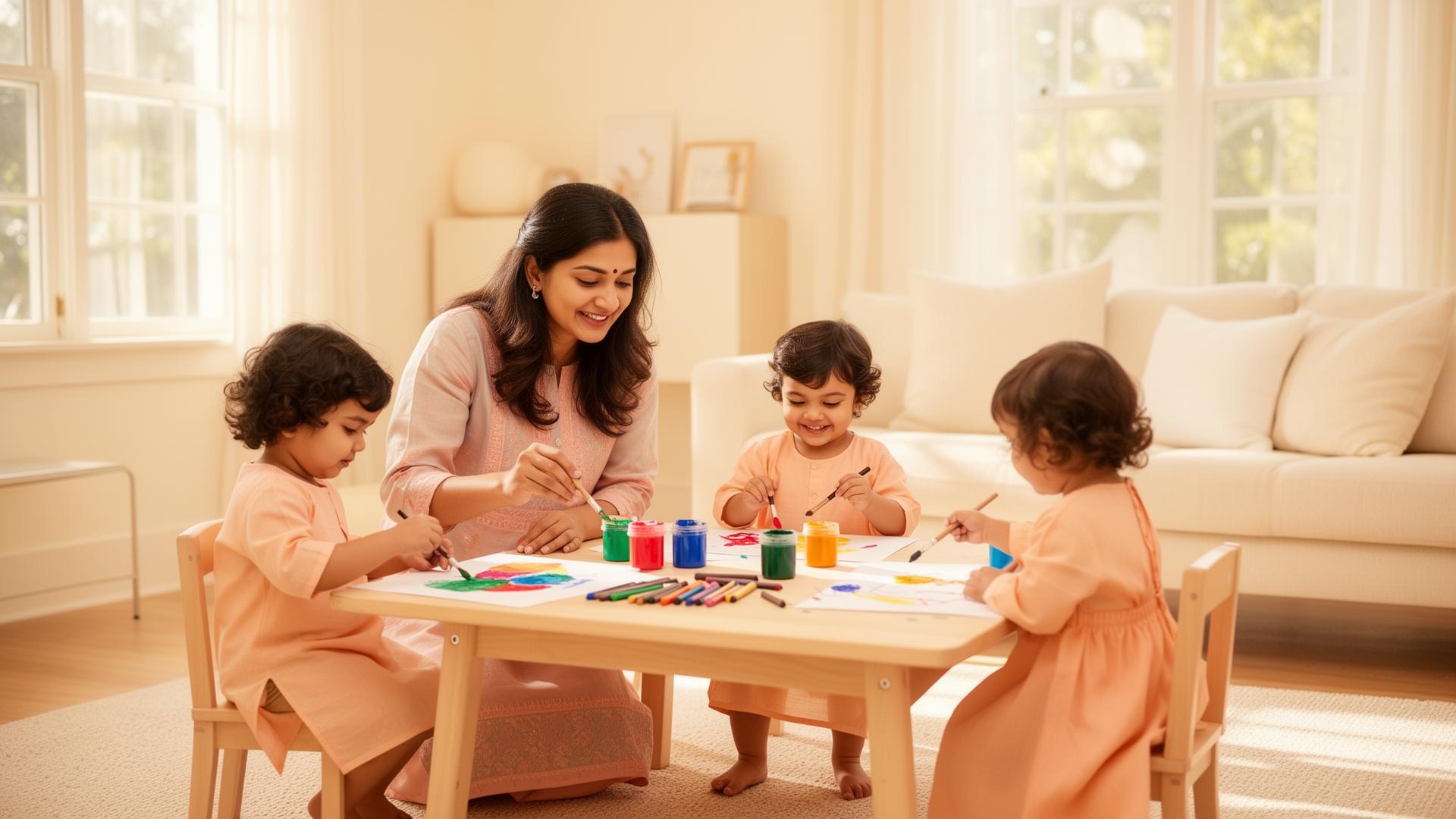 Mother teaching toddlers art at home